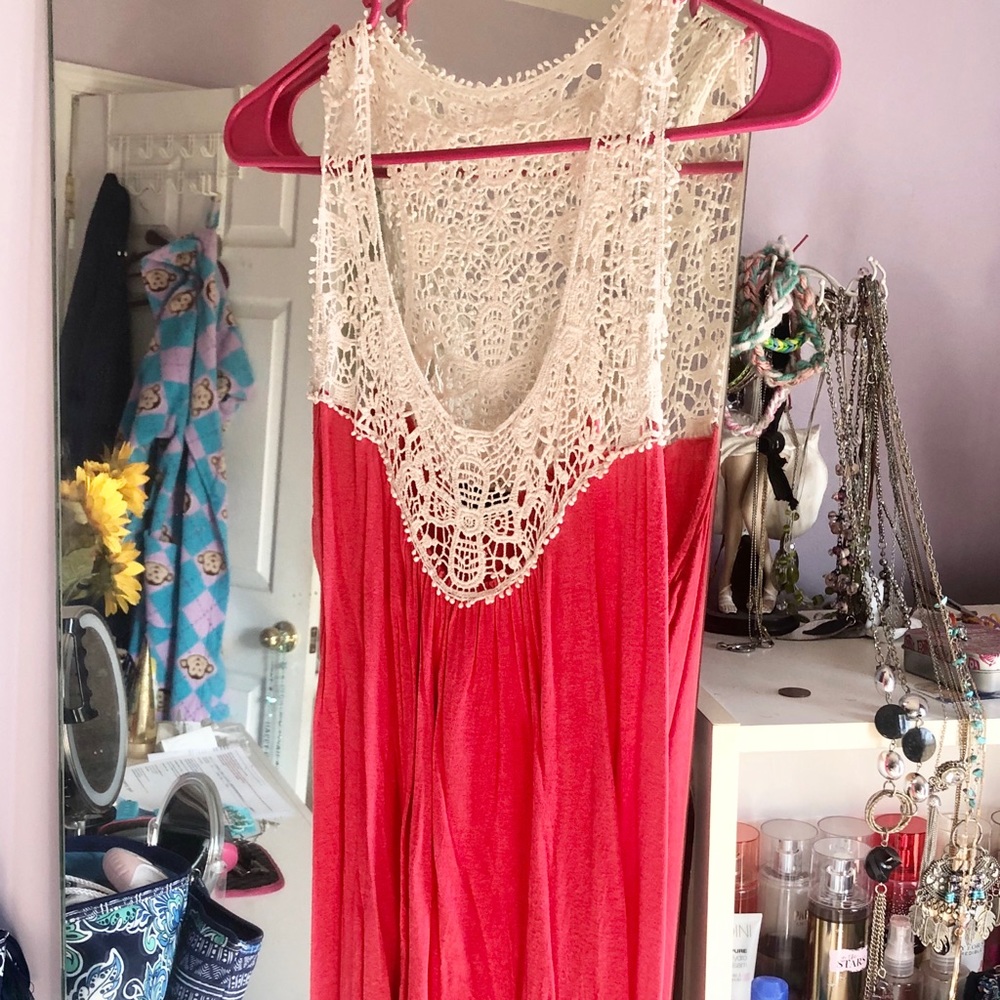 Coral and crochet blouse